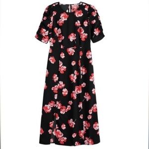 Popsugar Black Floral midi dress with side slit short sleeves, size S Retro